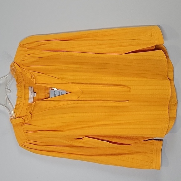 Loft golden mustard yellow textured ruffle neck blouse size Large Petite - Picture 1 of 7
